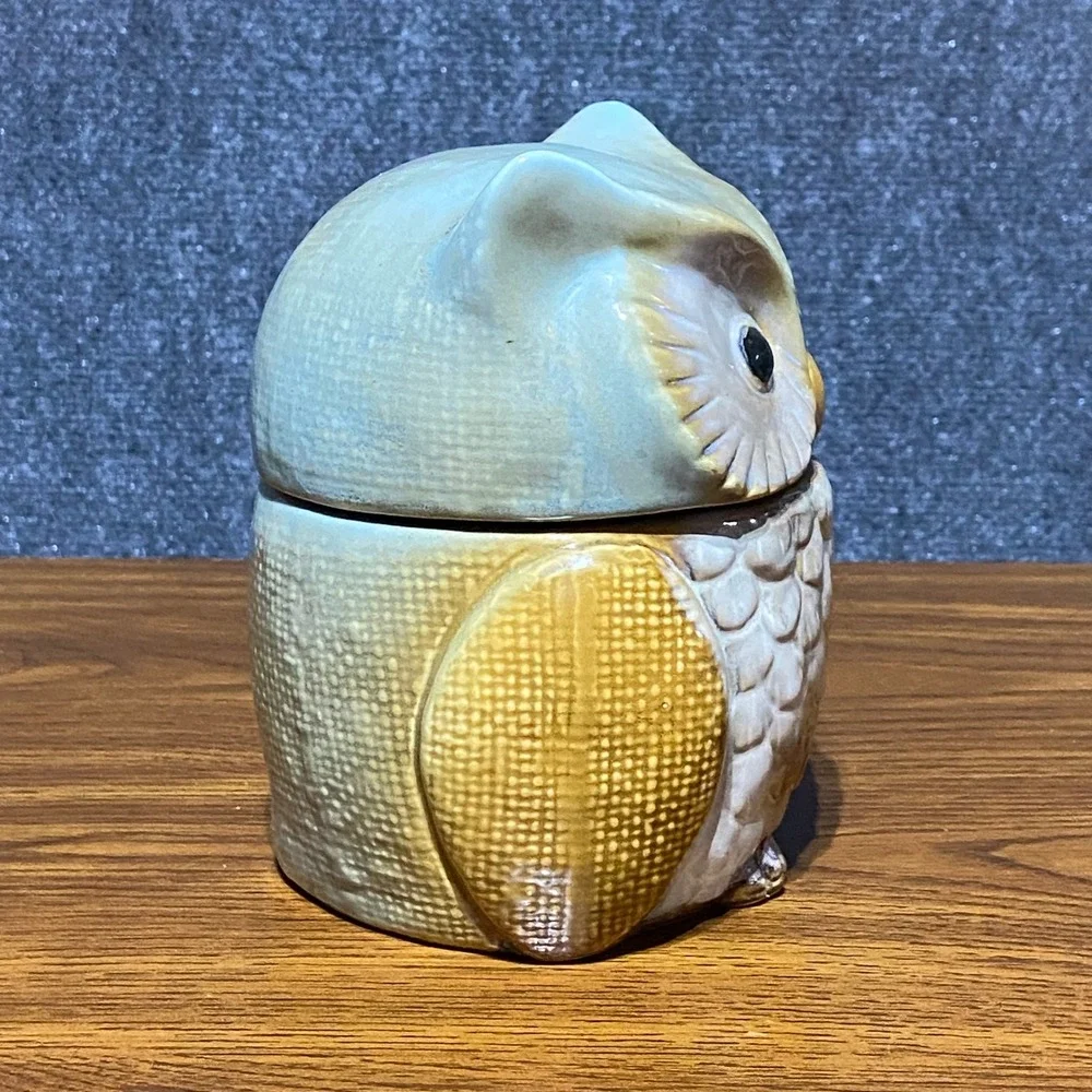 Vintage Ceramic Owl Cookie Jar Canister and Salt‎ Pepper Shaker Set Brown Blue